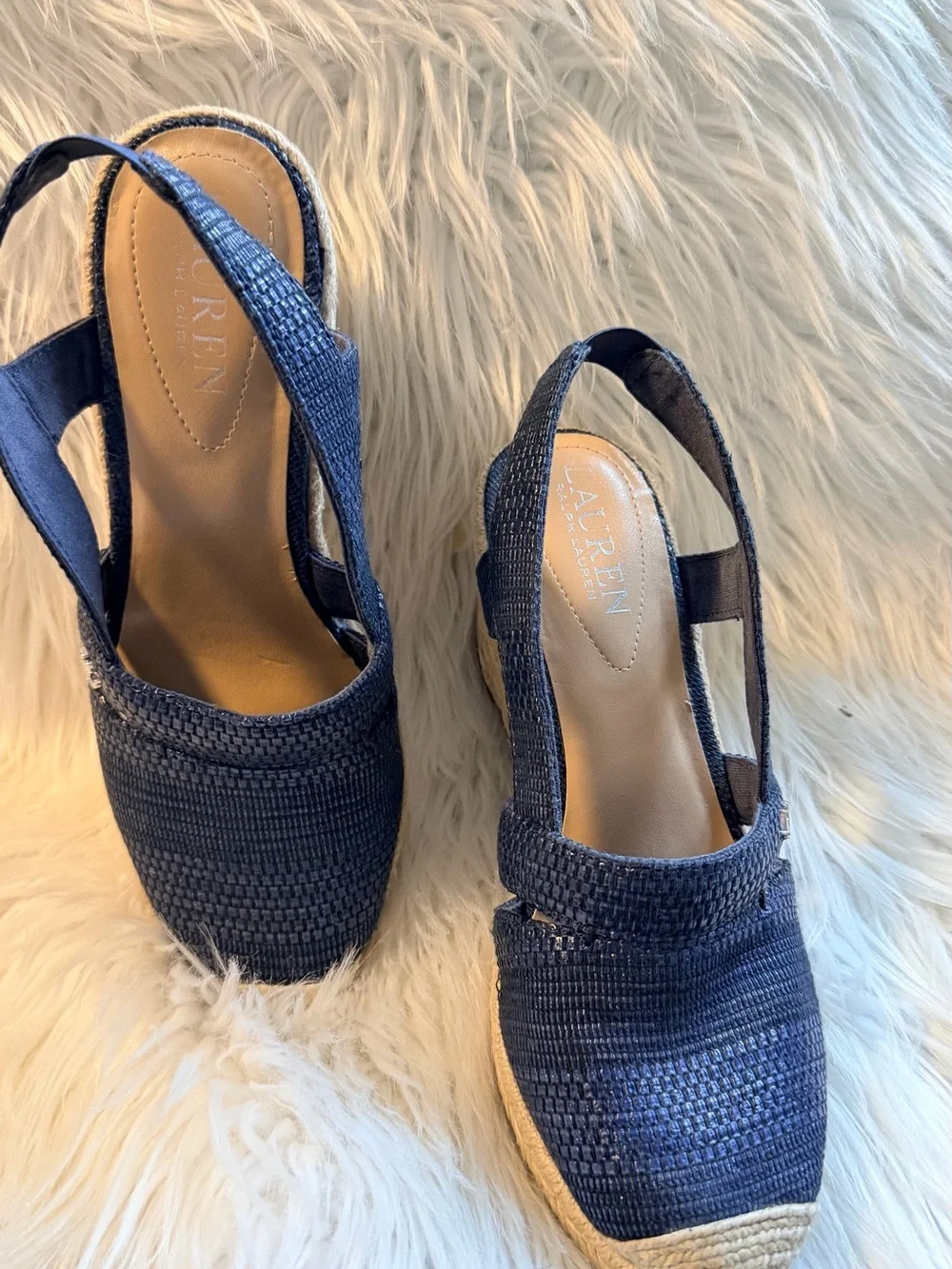 Lauren Ralph Lauren Navy Woven Espadrille Slingback Wedges 6.5 B